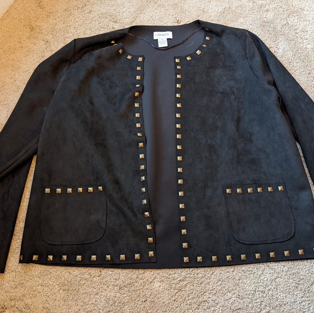 Carmen Marc Valvo Black Open-Front Jacket with Gold Studs